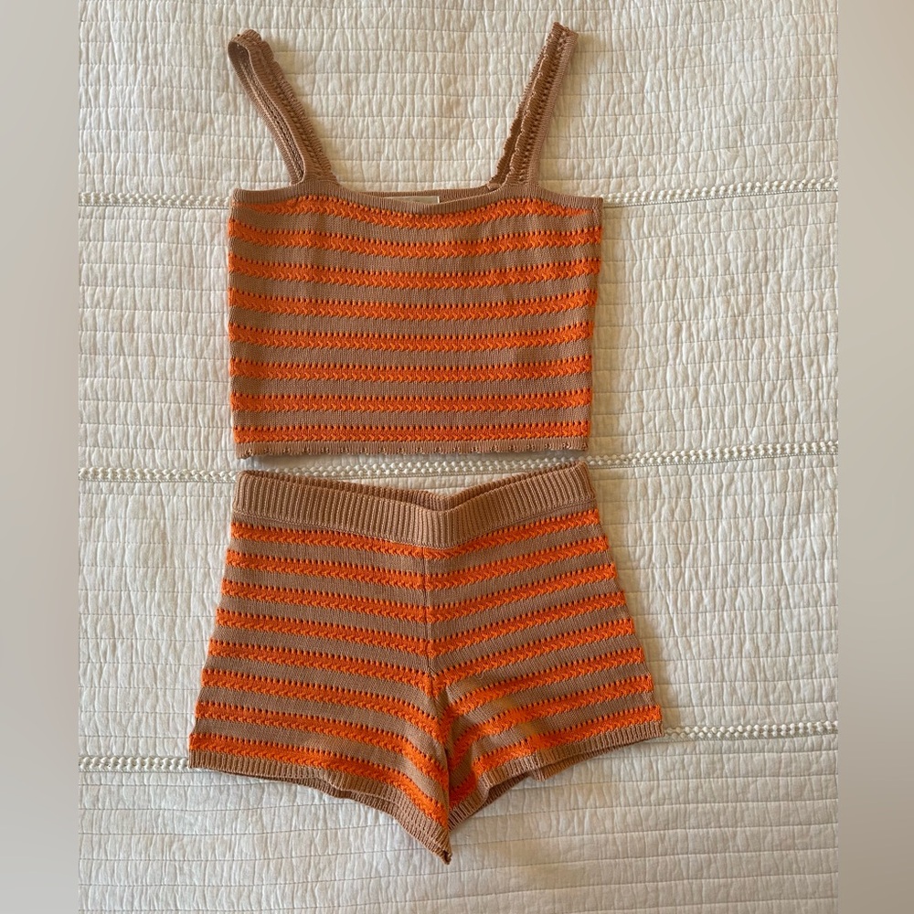 Anthropologie Flat White orange and tan, striped knit set.  NWT